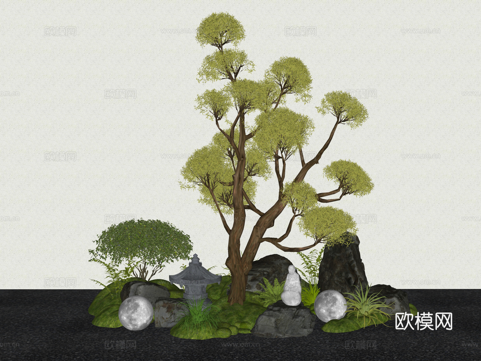 新中式庭院小品 多头造型乔木 景观灯 石头植物绿植su模型