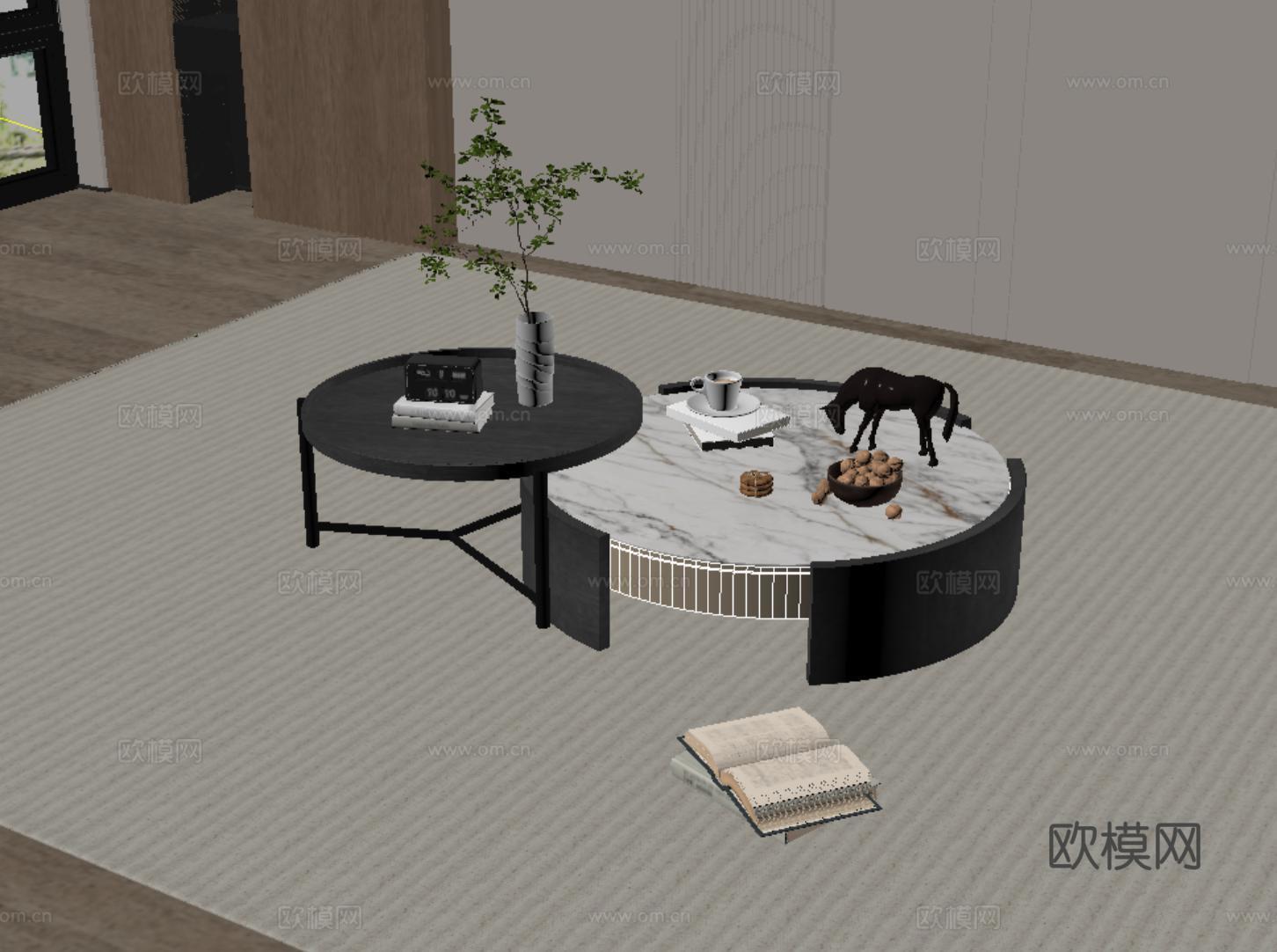 现代茶几 木质 大理石su模型