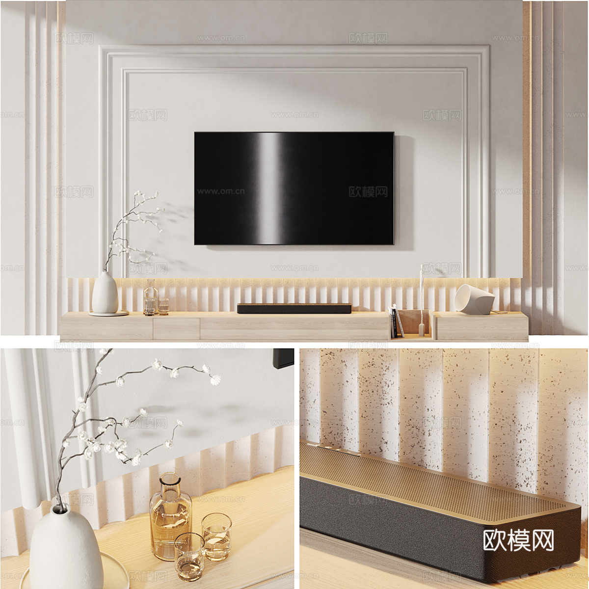 现代奶油风电视背景墙3d模型
