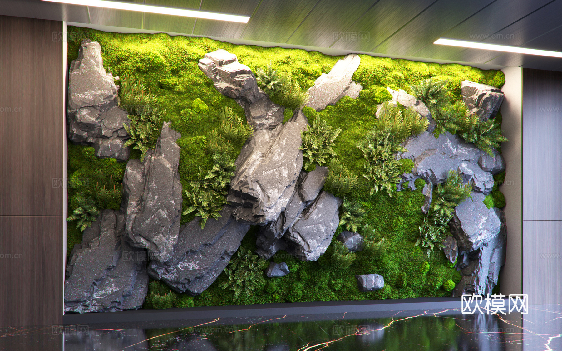现代室内景墙造景 苔藓植物景墙   石头 灌木su模型