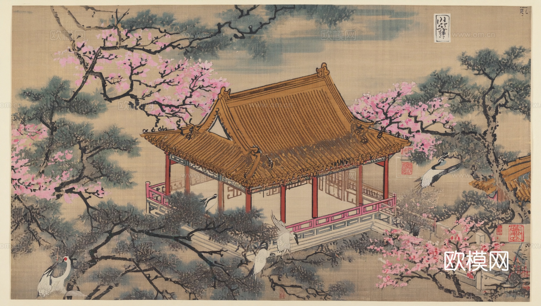 新中式中式挂画 水墨画 国画 建筑 中国风