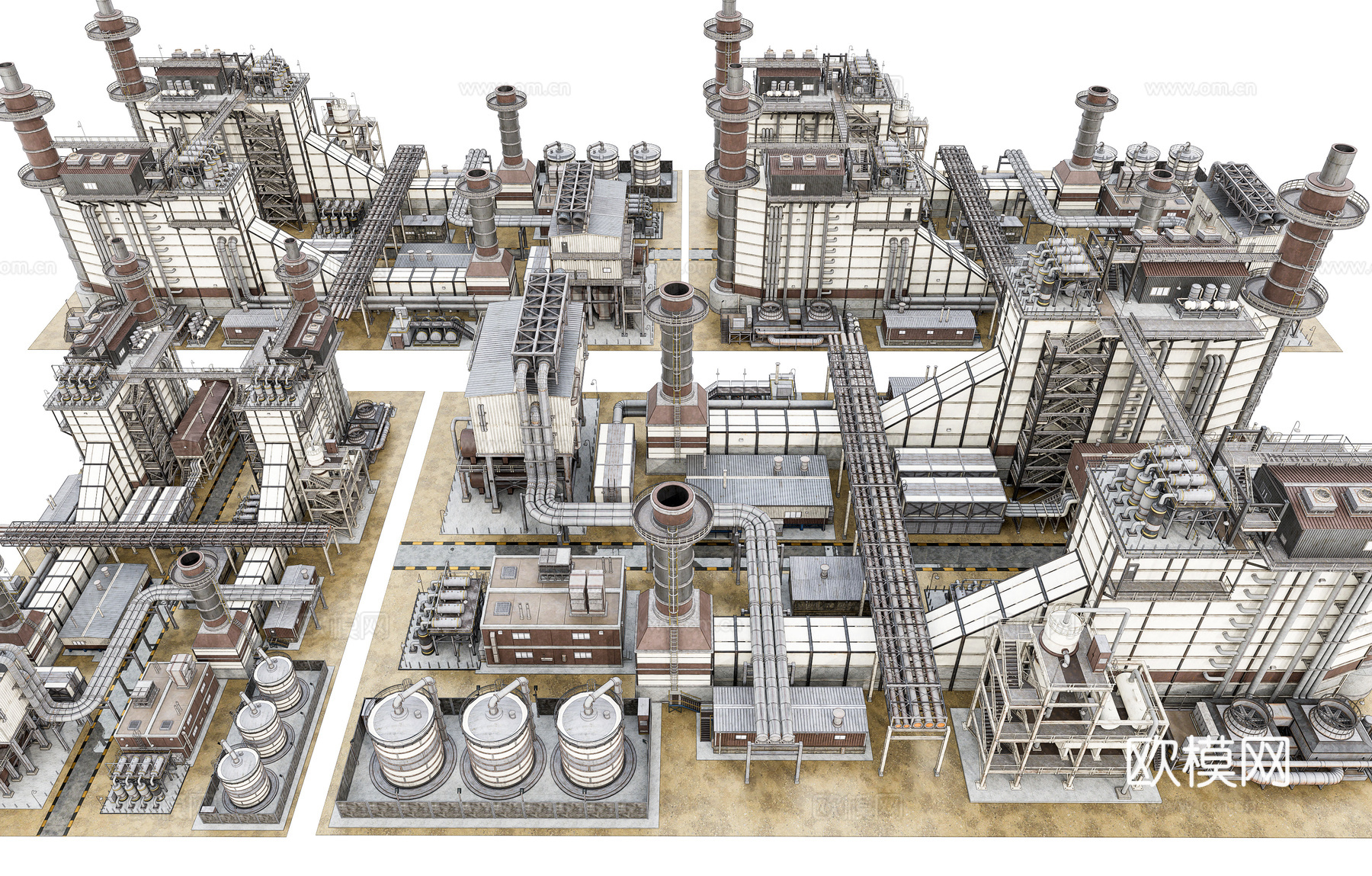 现代工业区工厂建筑 反应堆烟囱建筑 油泵冷却塔冶金 管道储气3d模型