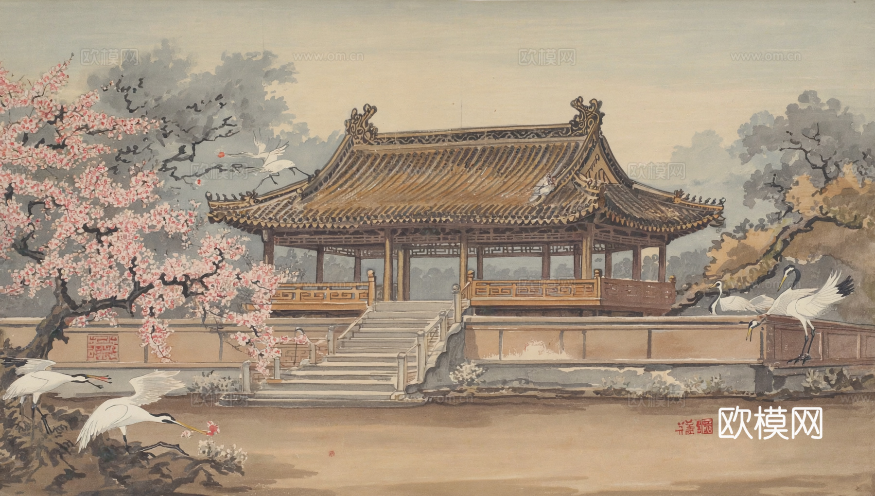 新中式中式挂画 水墨画 国画 建筑 中国风