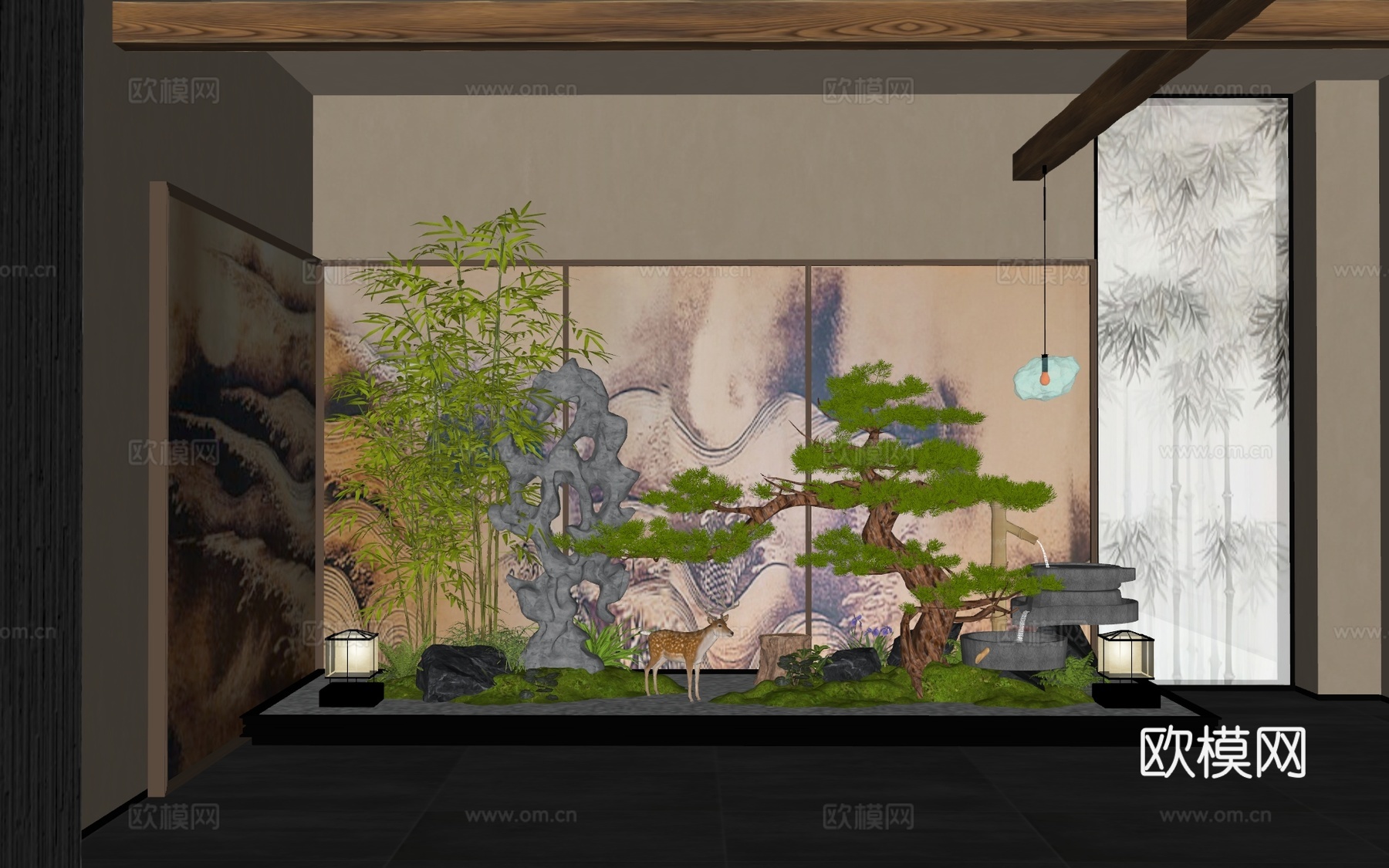 新中式室内景观 植物造景 松树 苔藓 景观石su模型