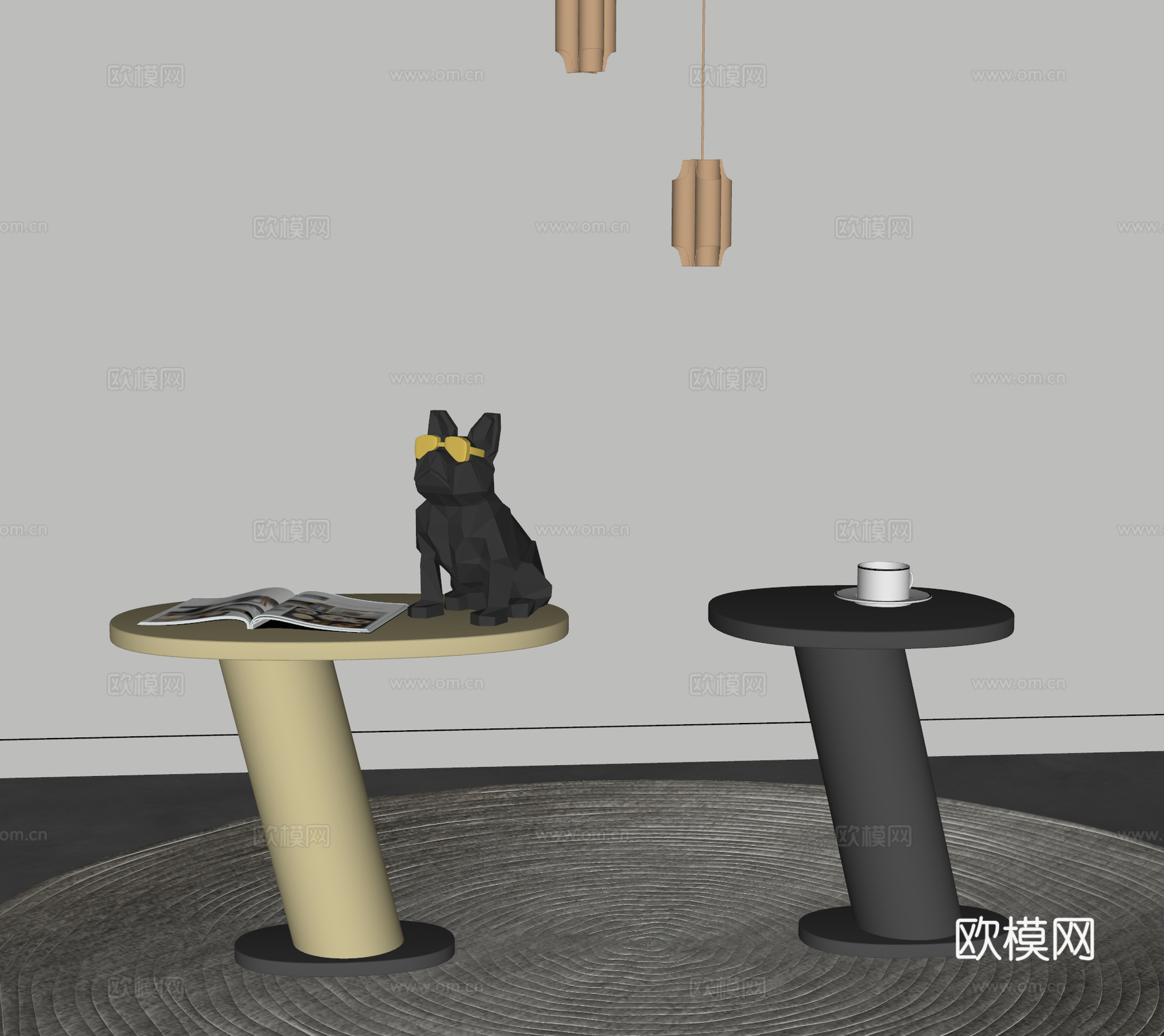 现代边几组合 摆件 吊灯 地毯 金属边几 斗牛犬su模型