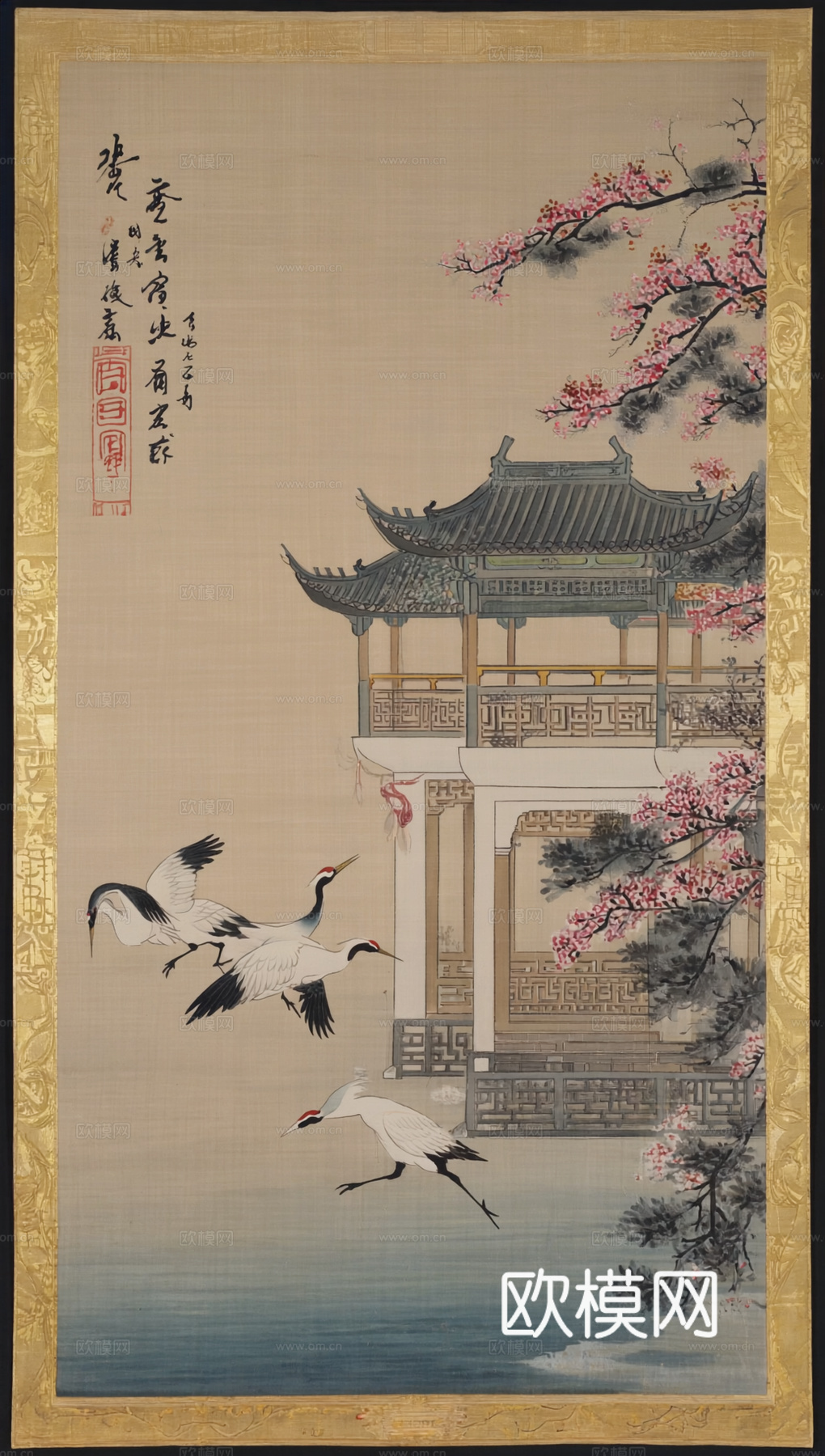 新中式中式挂画 水墨画 国画 建筑 中国风