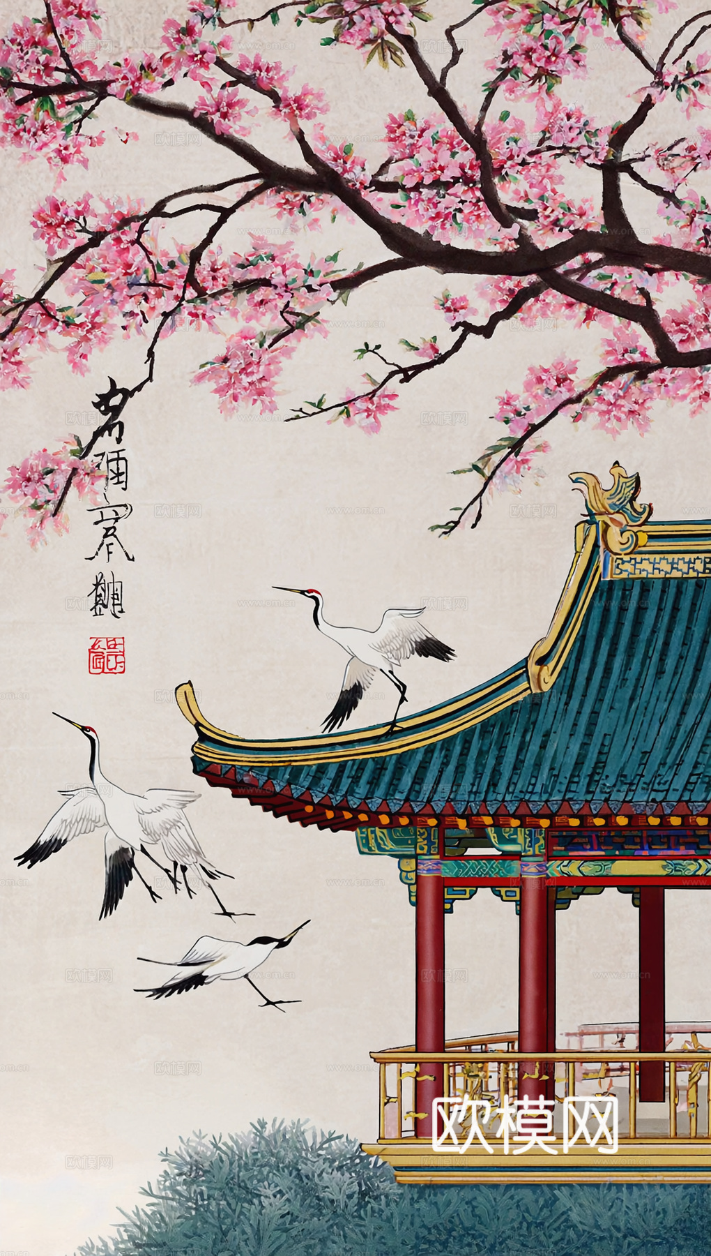 新中式中式挂画 水墨画 国画 建筑 中国风
