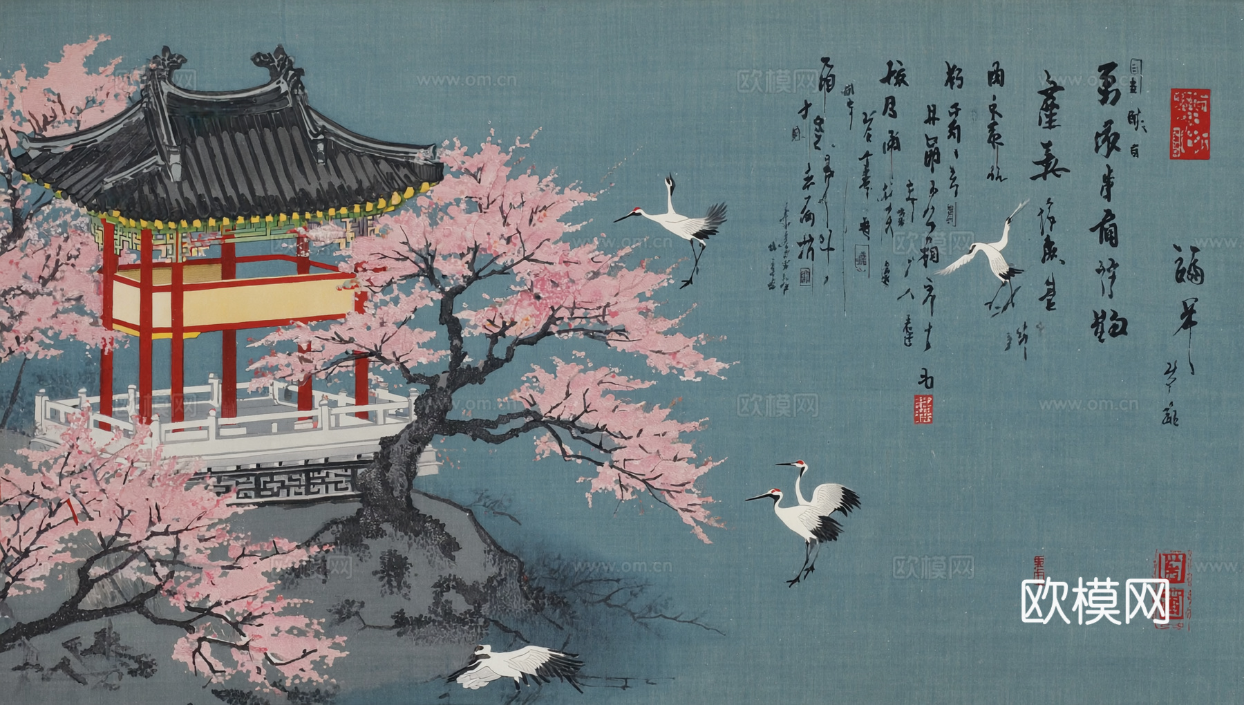 新中式中式挂画 水墨画 国画 建筑 中国风