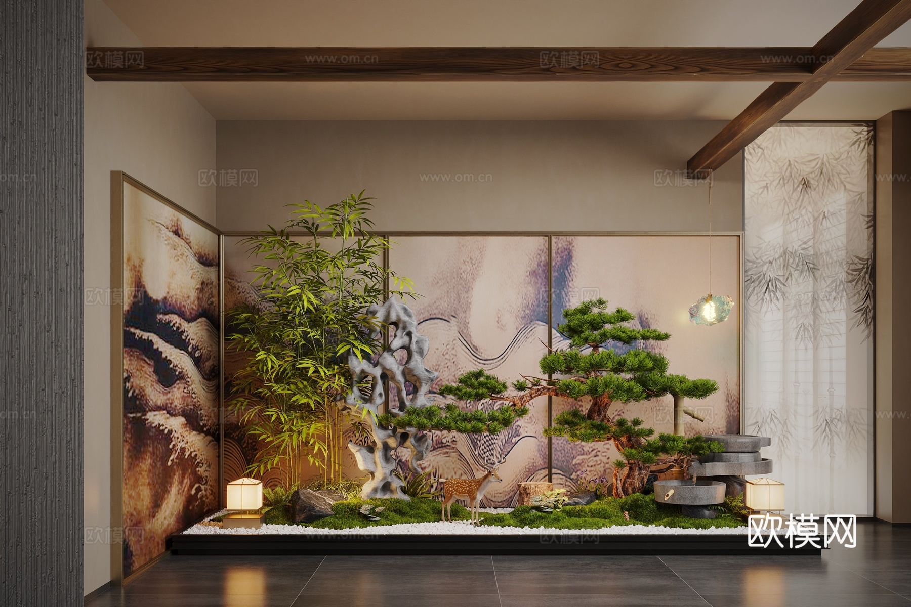 新中式室内景观 植物造景 松树 苔藓 景观石su模型