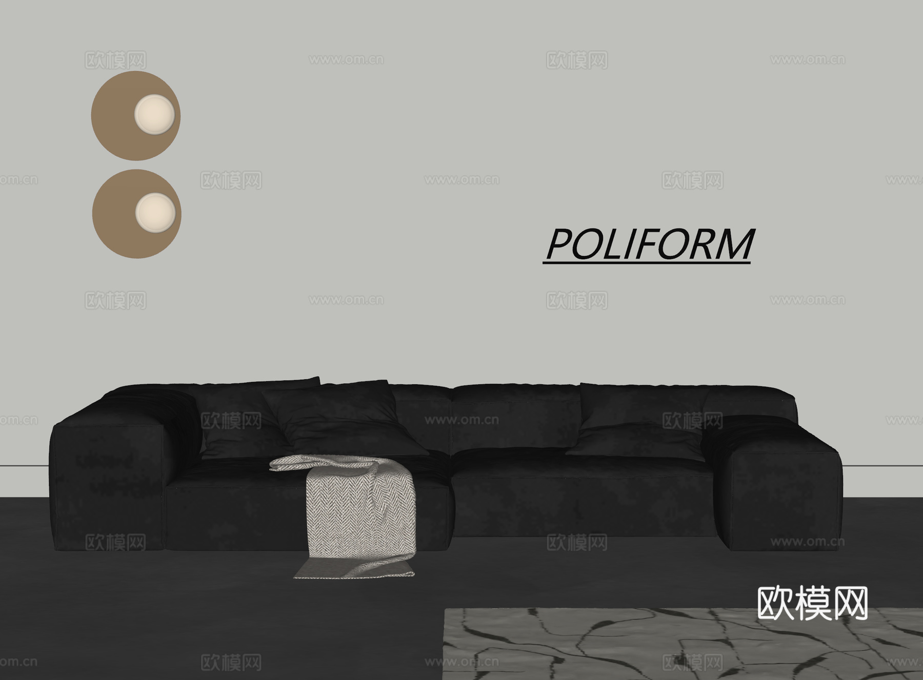 POLIFORM现代皮革多人沙发 大黑牛沙发 皮质沙发 模块su模型