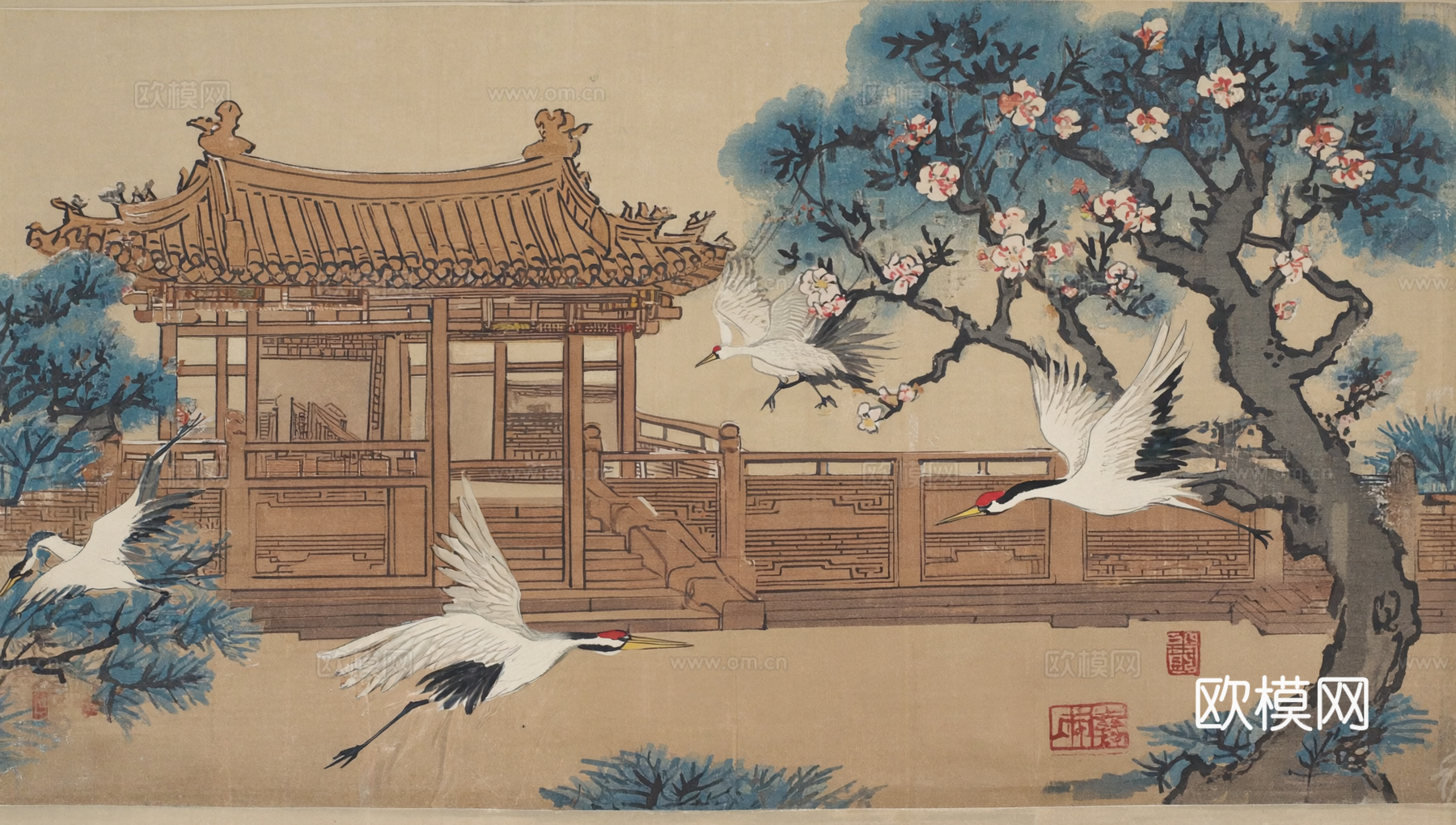 新中式中式挂画 水墨画 国画 建筑 中国风