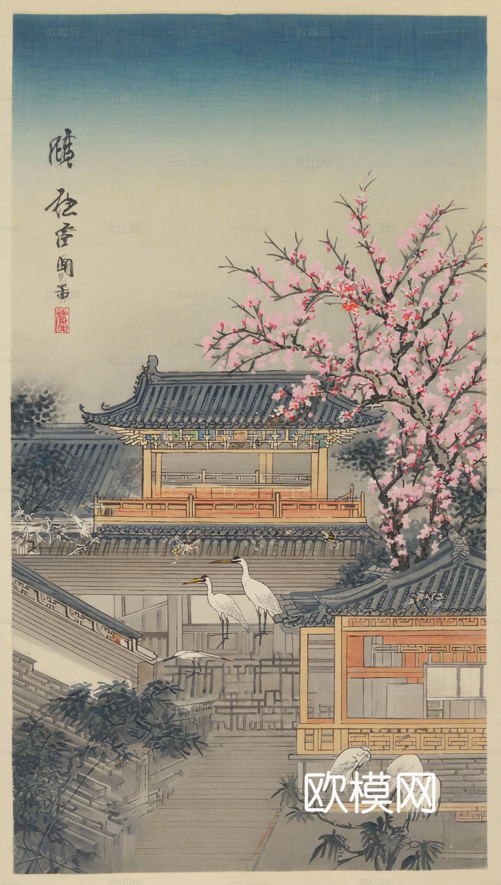 新中式中式挂画 水墨画 国画 建筑 中国风