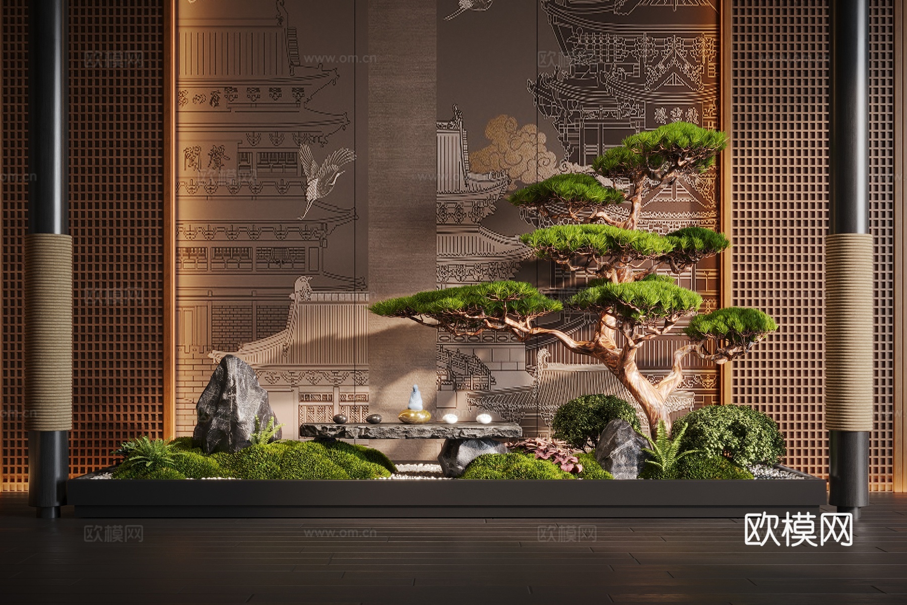 新中式室内景观 植物造景 松树 苔藓 景观石3d模型