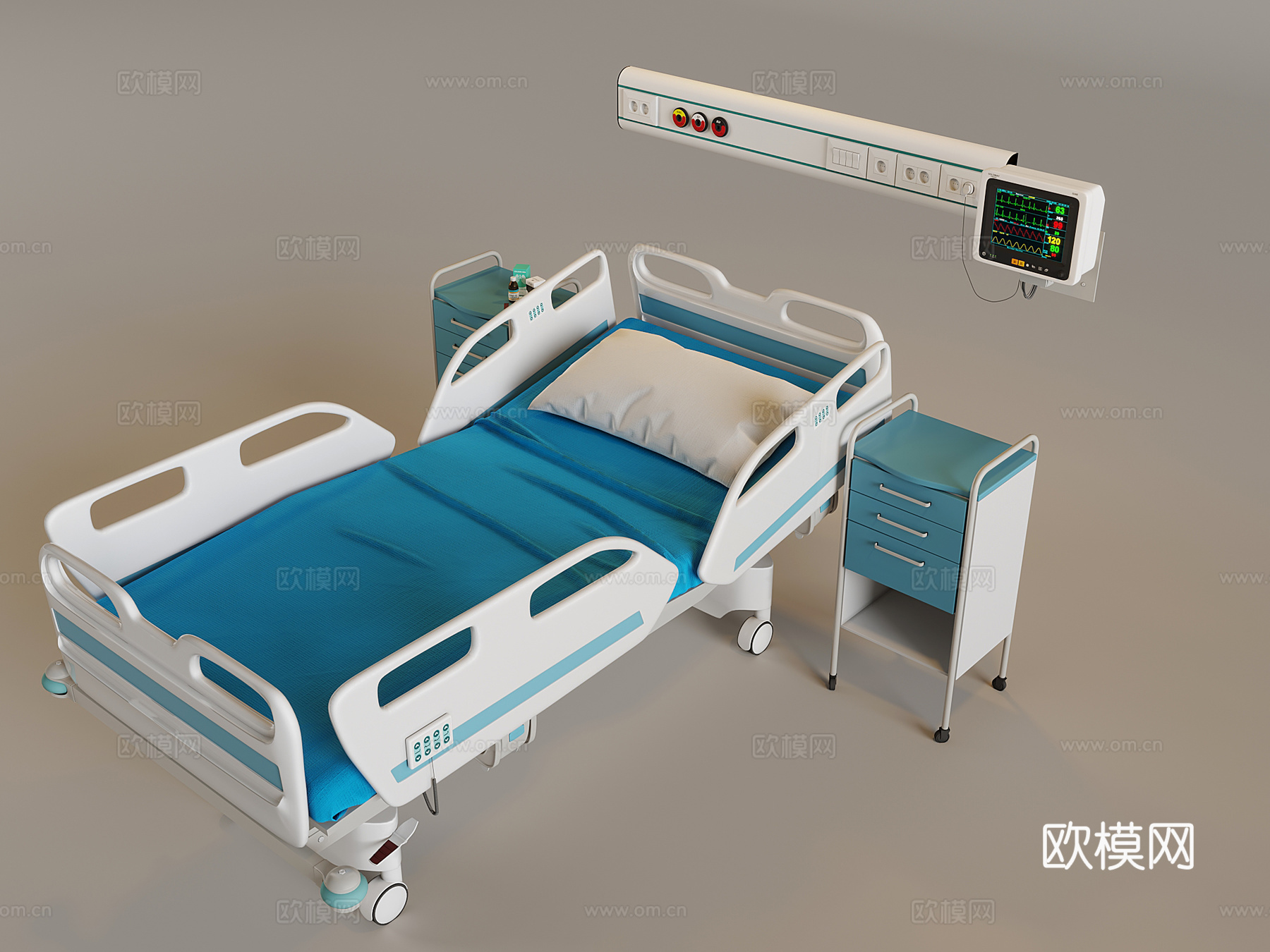 病房床医疗用床 功能床升降床 呼叫系统床头柜3d模型