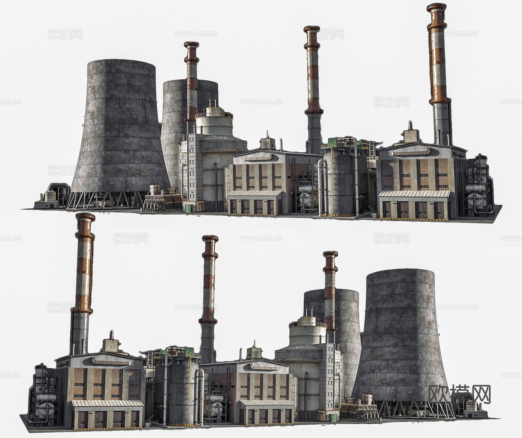现代炼油厂工厂 工厂排污烟囱 工业区工厂建筑 工业建筑组合3d模型