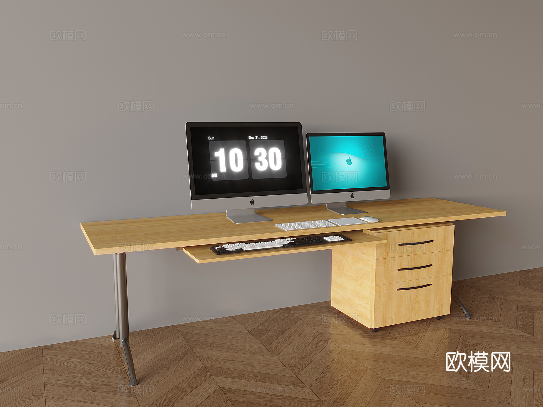 实木办公桌椅键盘 苹果台式电脑鼠标 书桌椅3d模型