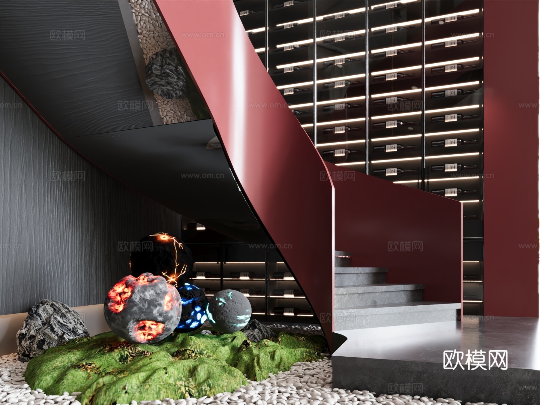 现代楼梯间 工业风楼梯间 酒柜 绿植造景3d模型