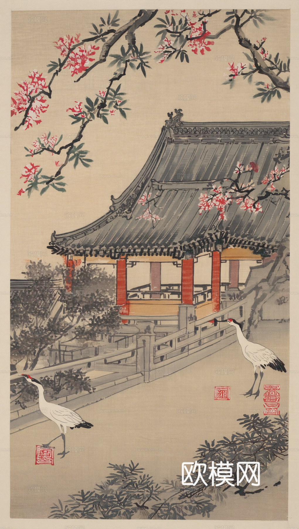 新中式中式挂画 水墨画 国画 建筑 中国风