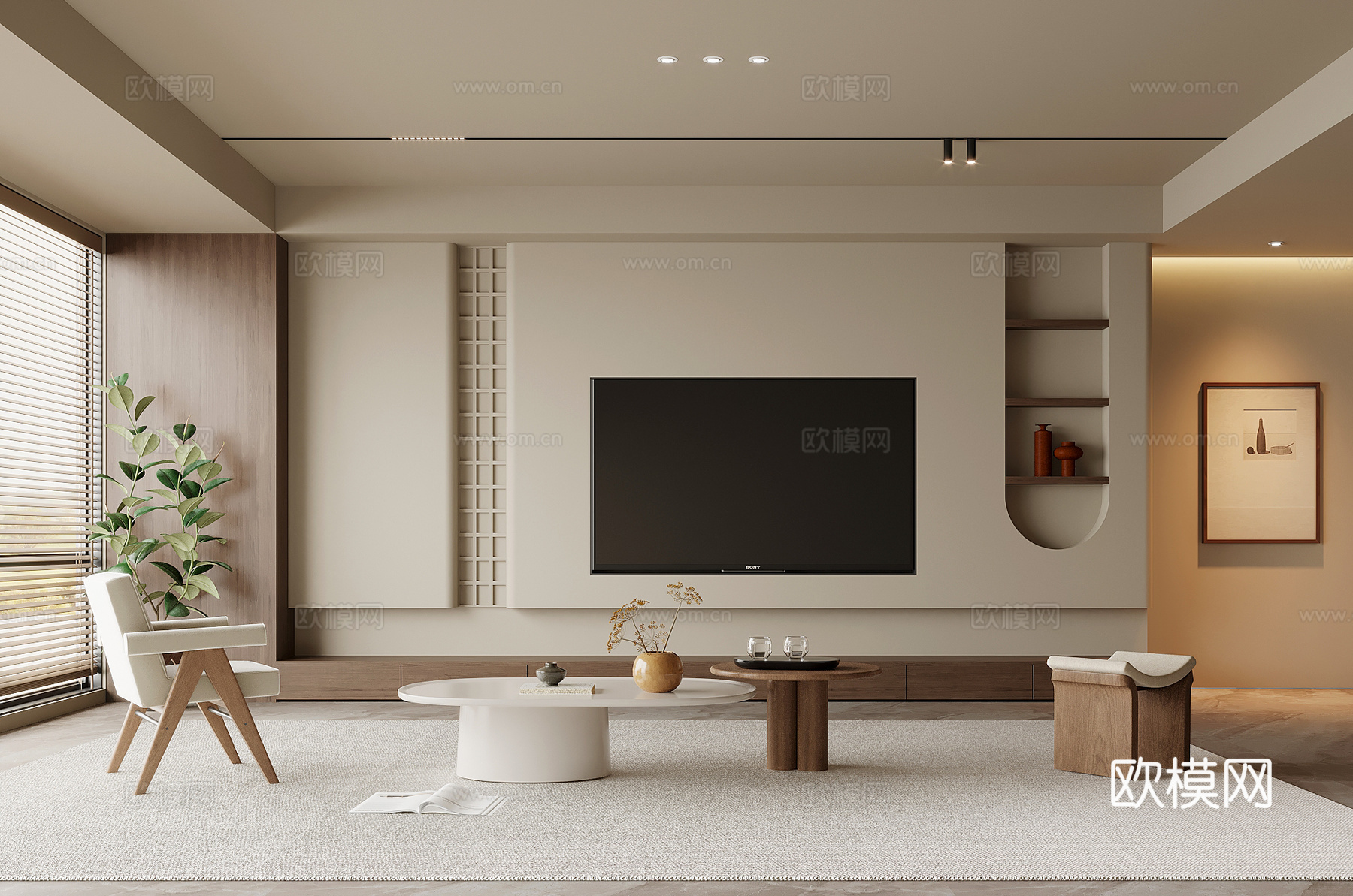 中古风客厅 电视背景墙 沙发茶几组合3d模型