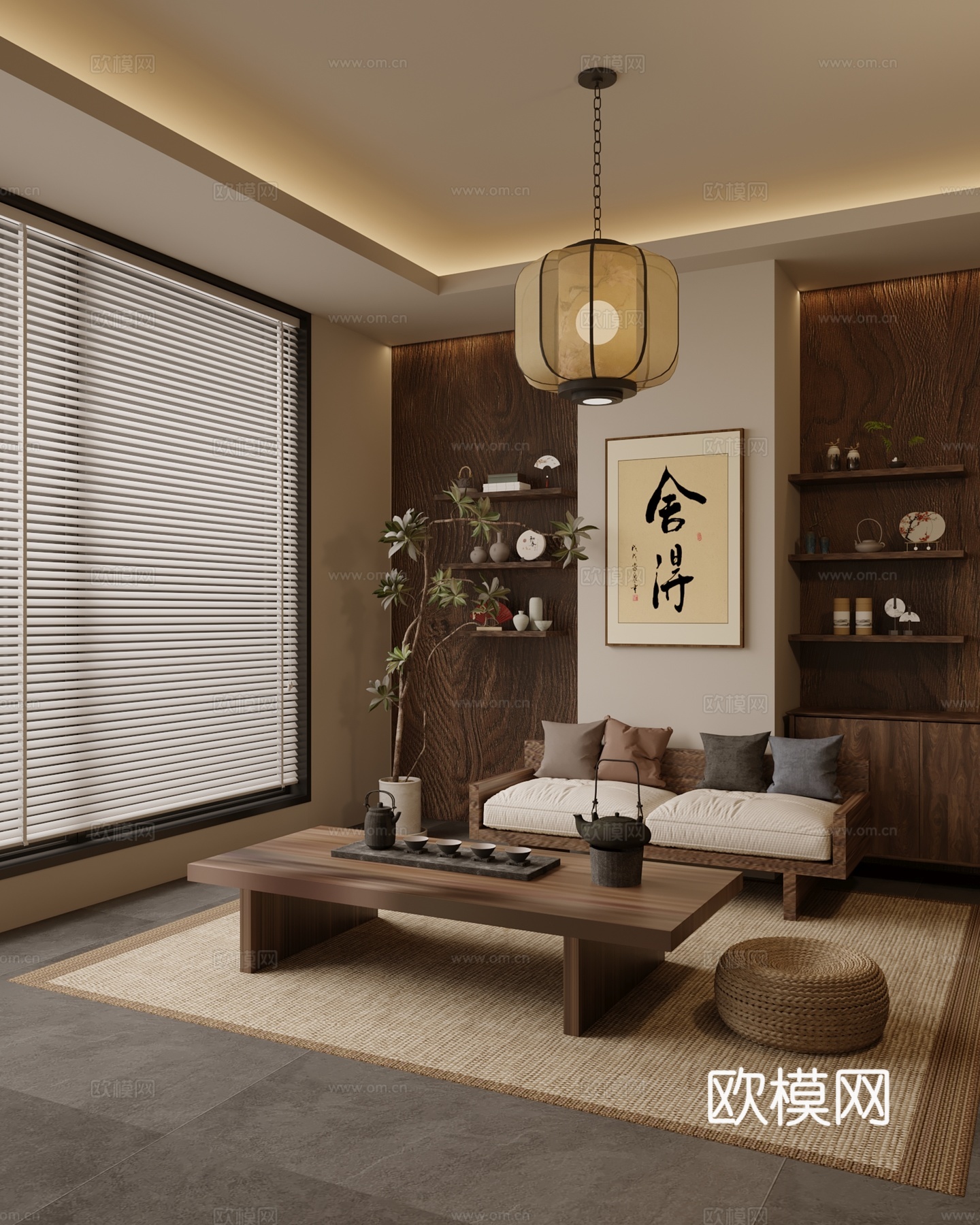 新中式茶室沙发茶几组合su模型