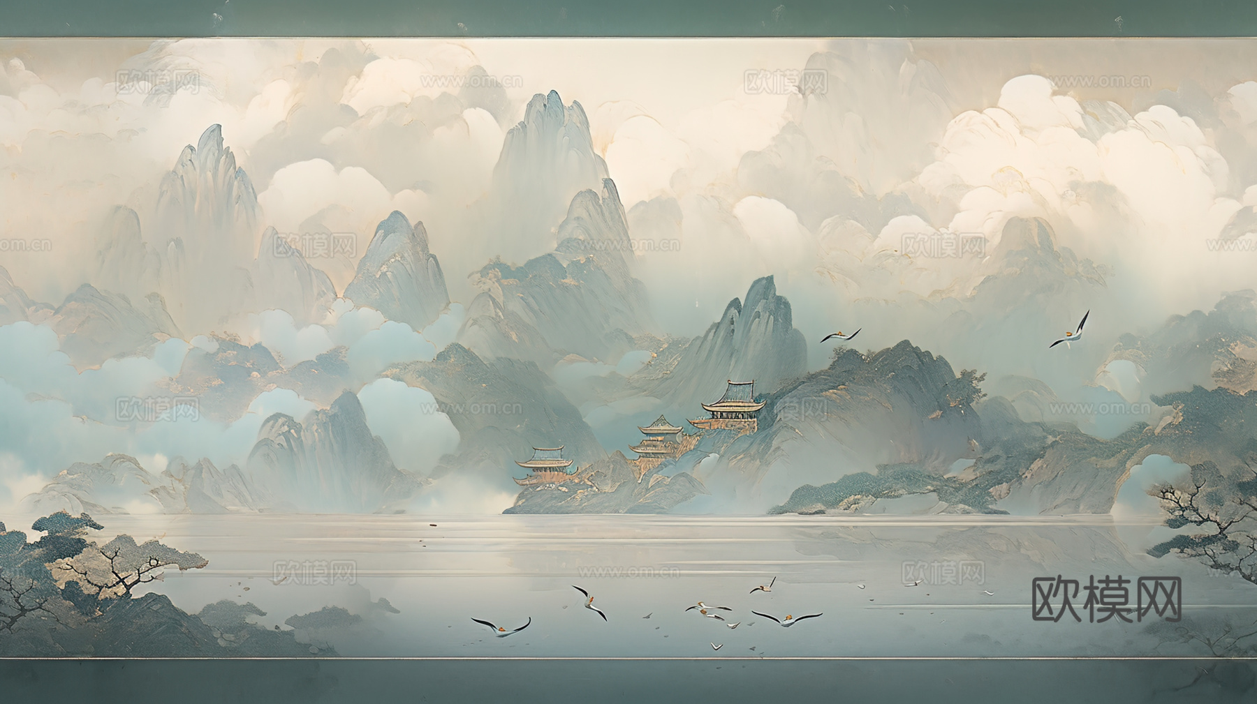 现代水墨壁纸 现代壁画 中式壁画 风景刻画