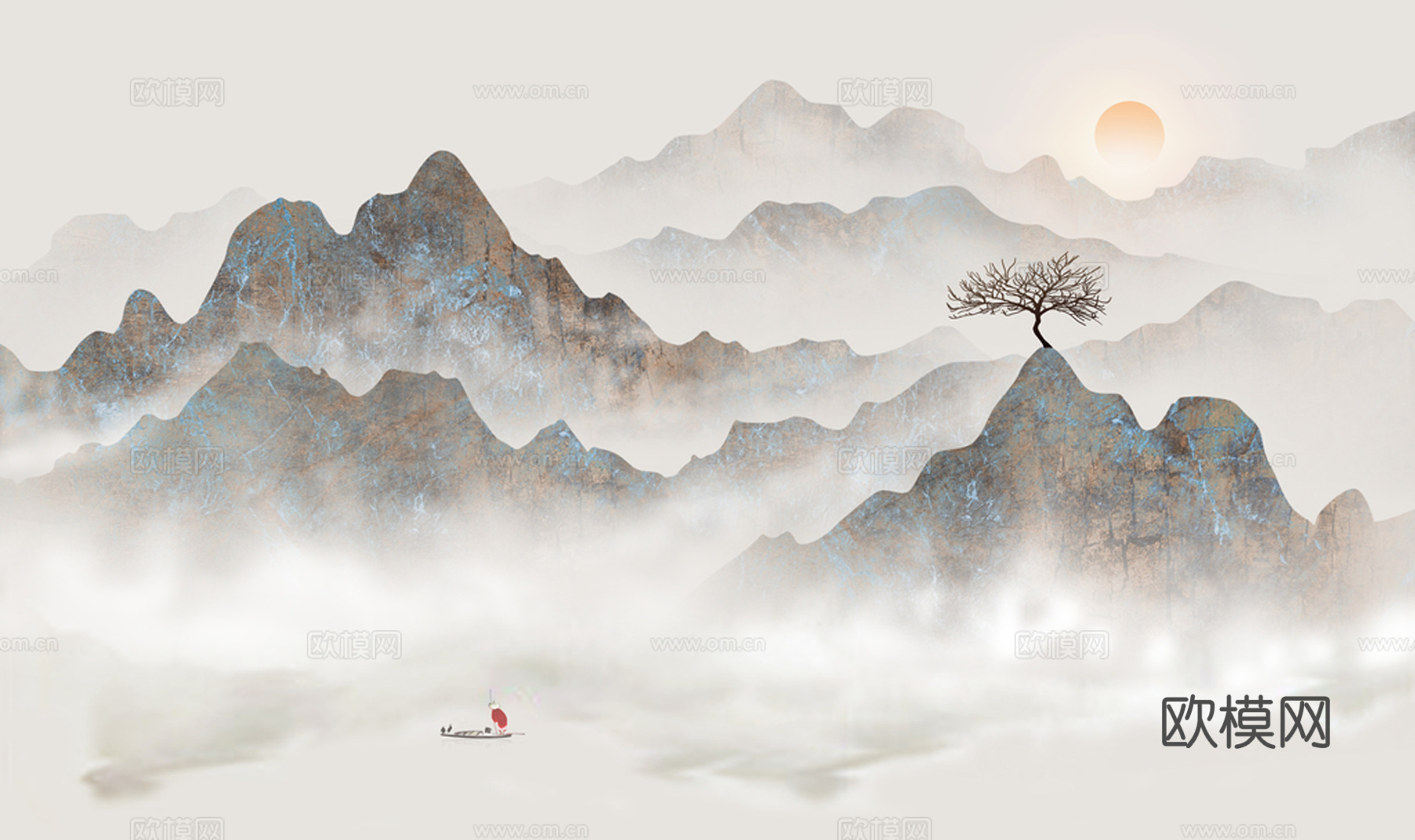 现代水墨壁纸 现代壁画 中式壁画 风景刻画