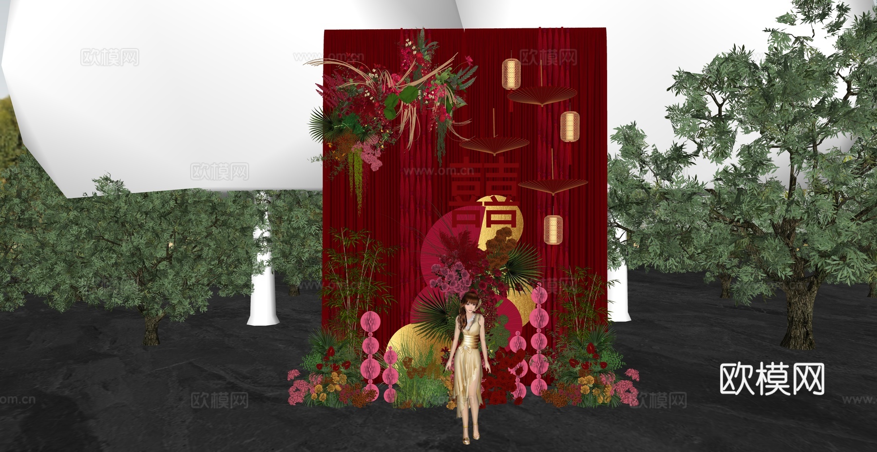 新中式红色布幔婚礼场景su模型