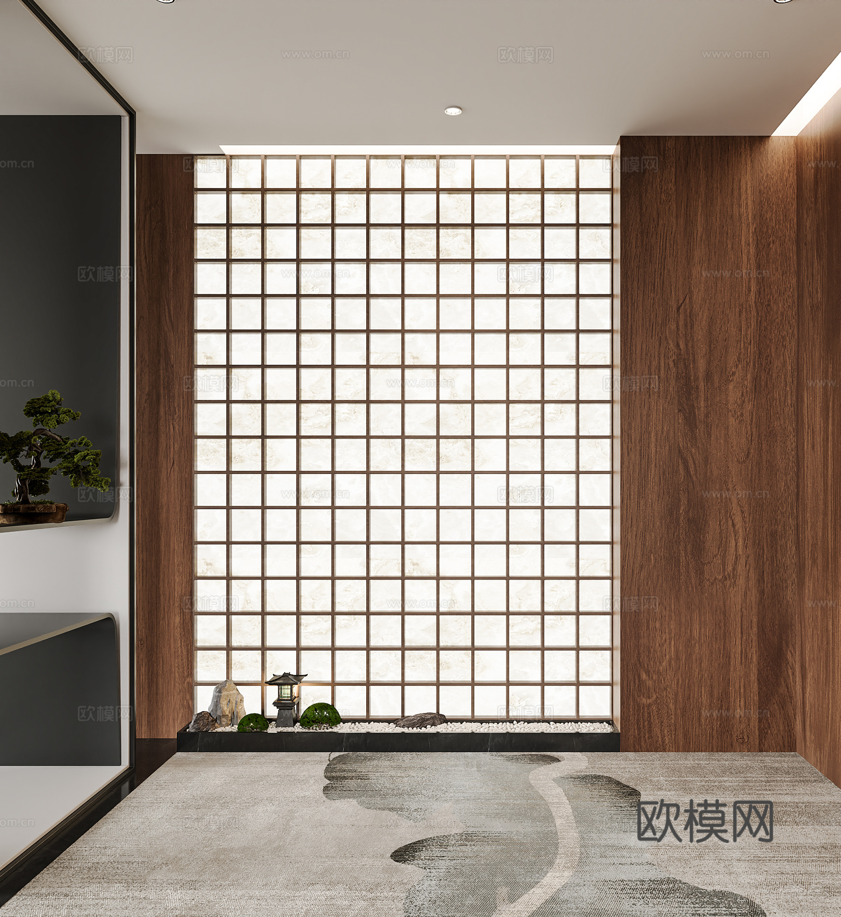 新中式背景墙 发光石背景墙 发光石 罗汉松盆栽 玄关造景3d模型