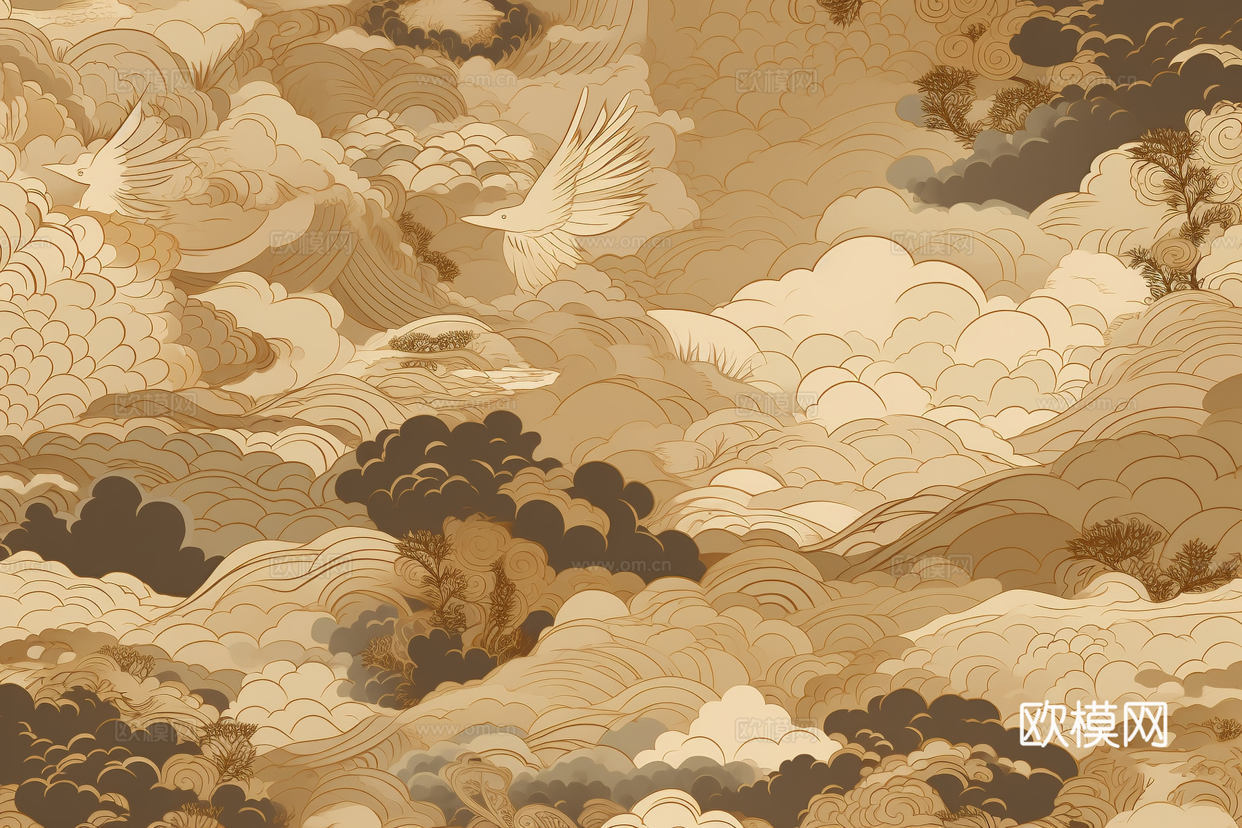 现代水墨壁纸 现代壁画 中式壁画 风景刻画