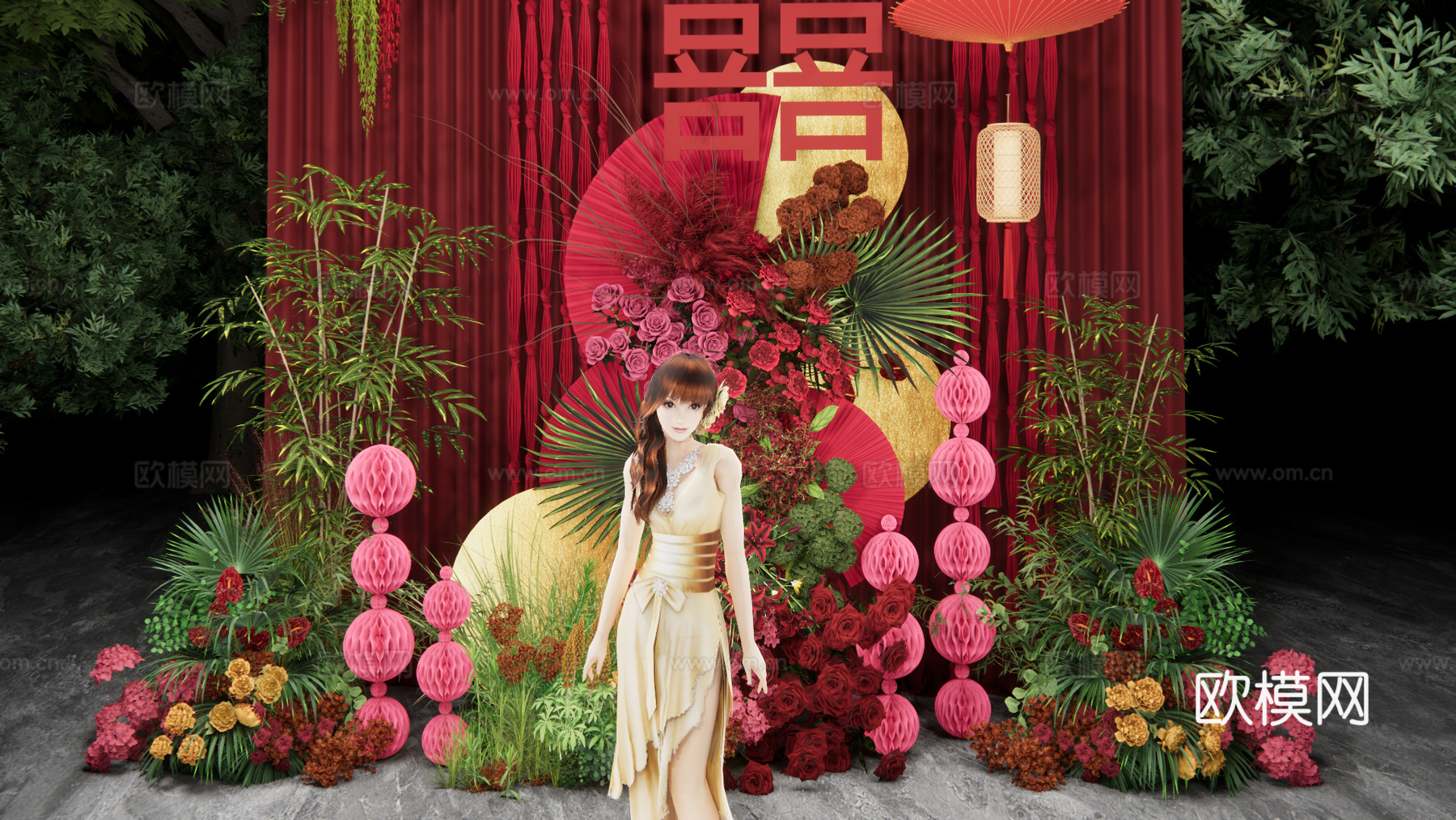 新中式红色布幔婚礼场景su模型