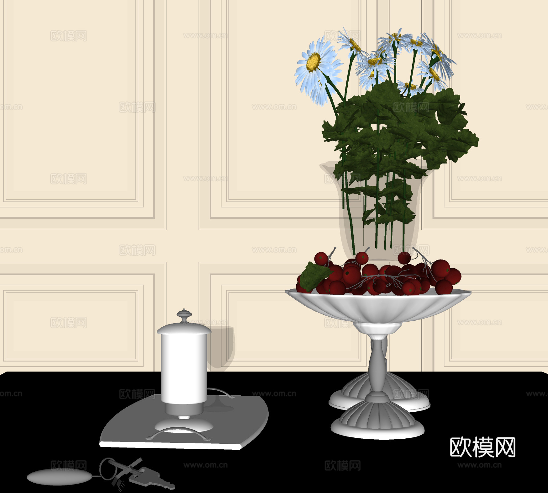 美式茶几摆件 果盆 插花 花卉花艺 茶具su模型