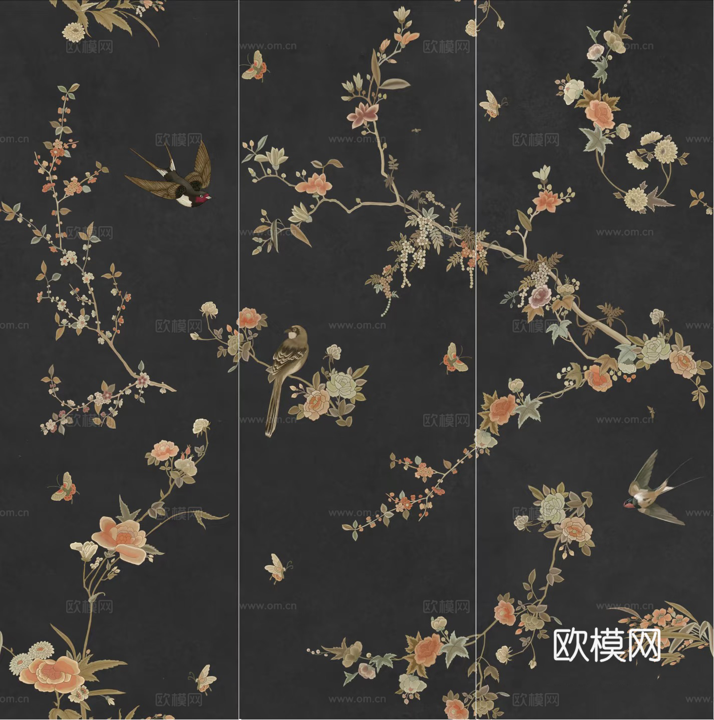无缝美式黑色花鸟长条大砖