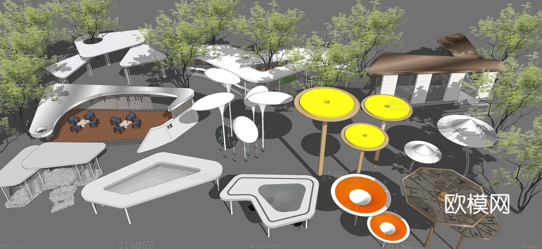 现代廊架 异形景观廊架 广场景观亭 公园廊架构筑物 商业街趣su模型