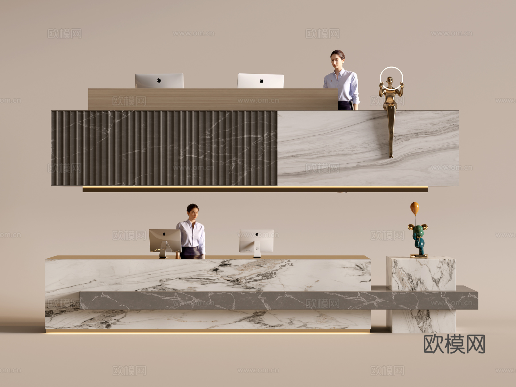 现代公司前台  接待区 吧台  接待台 服务台组合su模型下载（渲染图1）
