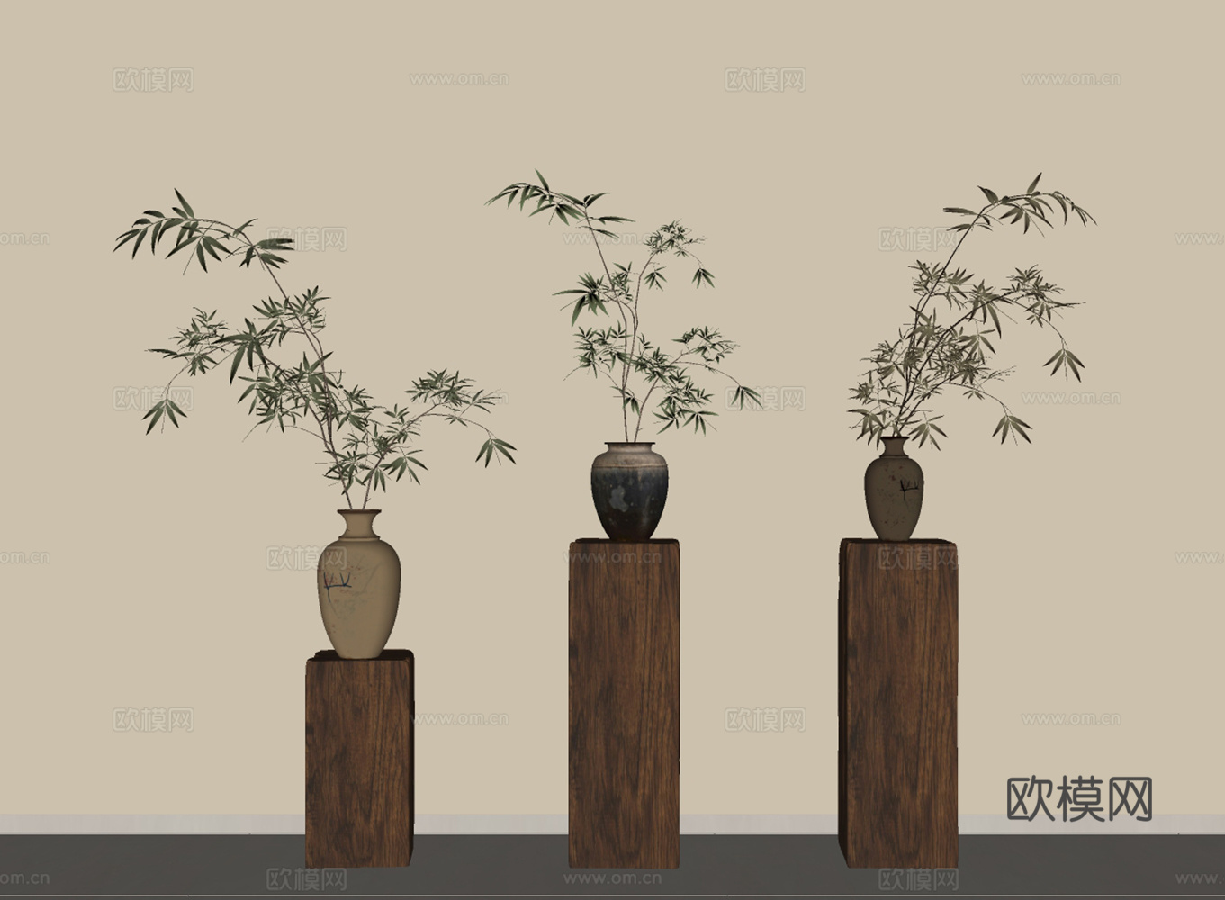 侘寂干枝花艺 中古盆栽干枝 绿植摆件 枯树 陶罐花瓶su模型