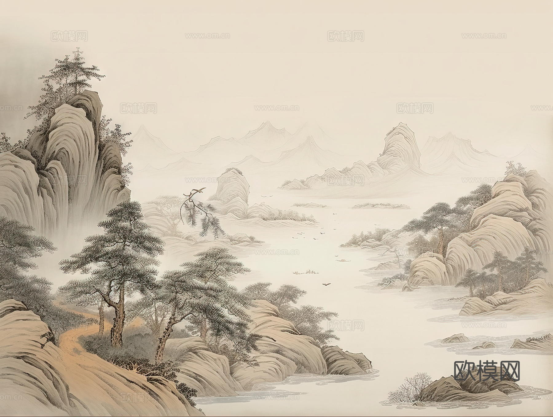现代水墨壁纸 现代壁画 中式壁画 风景刻画