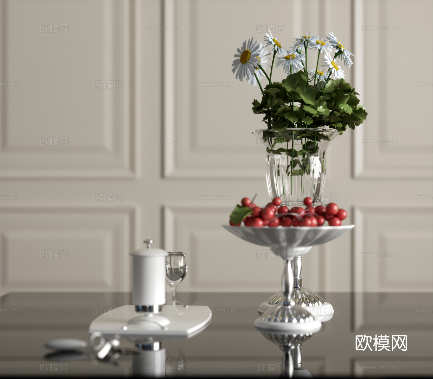 美式茶几摆件 果盆 插花 花卉花艺 茶具su模型