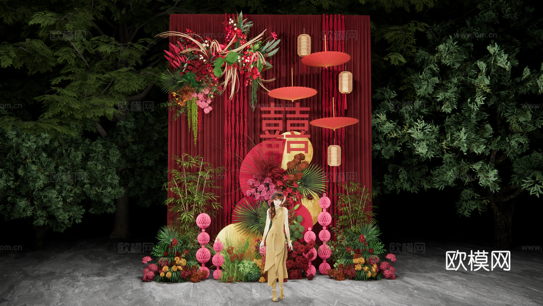 新中式红色布幔婚礼场景su模型