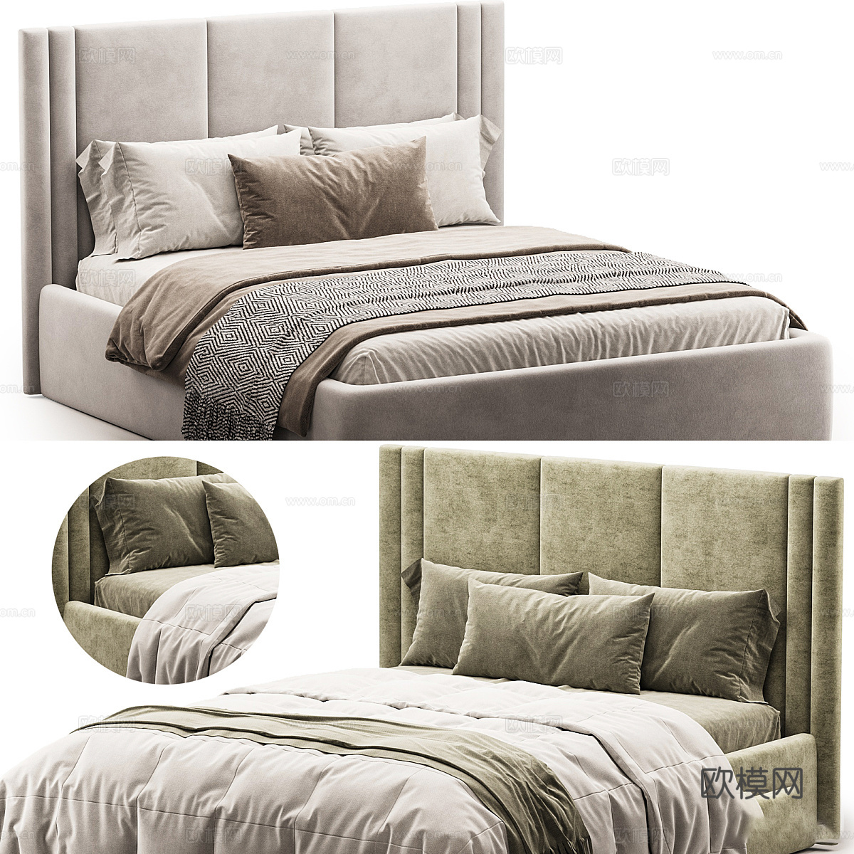 新中式 Uels 布艺双人床3d模型下载（渲染图1）
