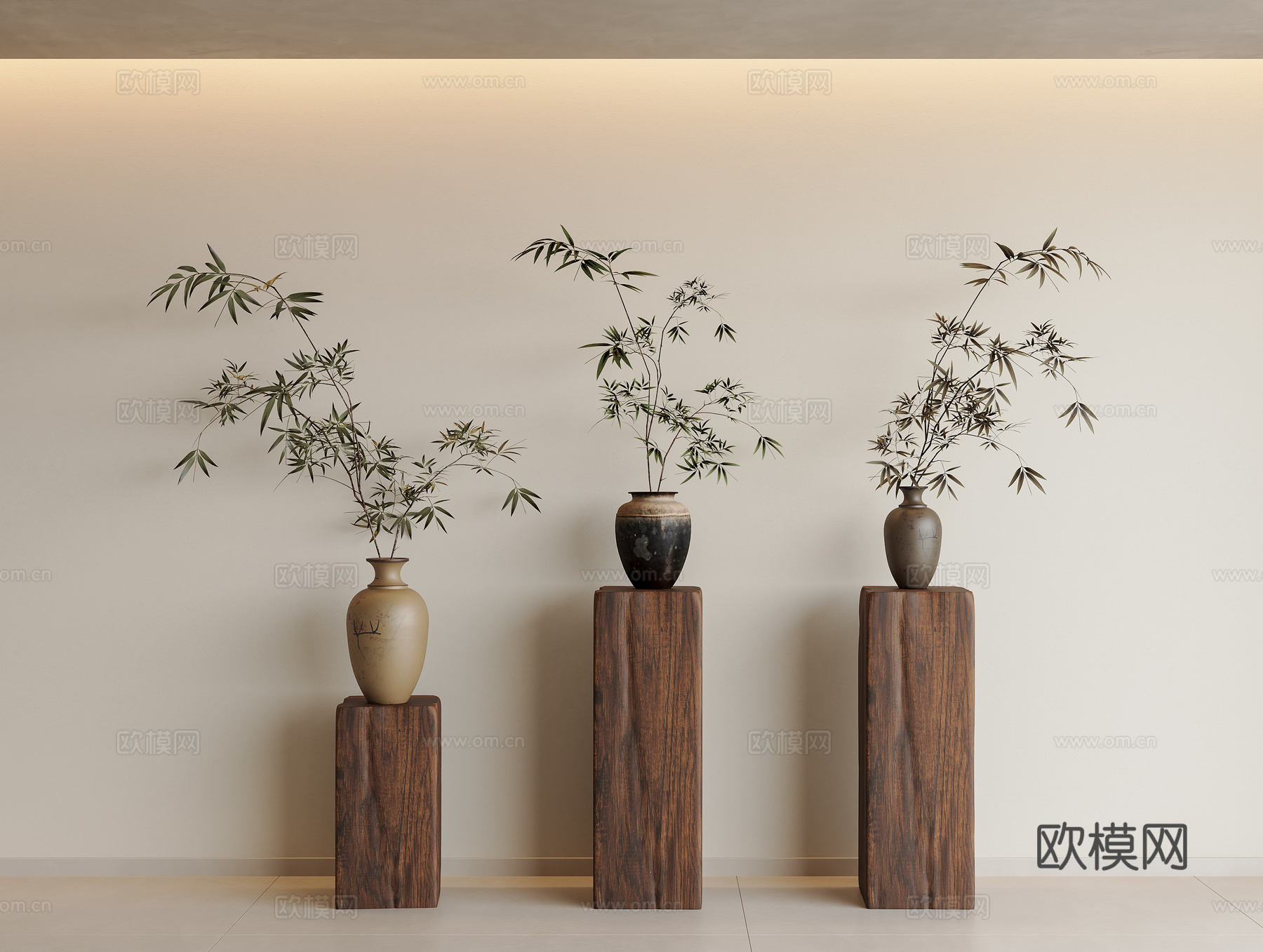 侘寂干枝花艺 中古盆栽干枝 绿植摆件 枯树 陶罐花瓶su模型