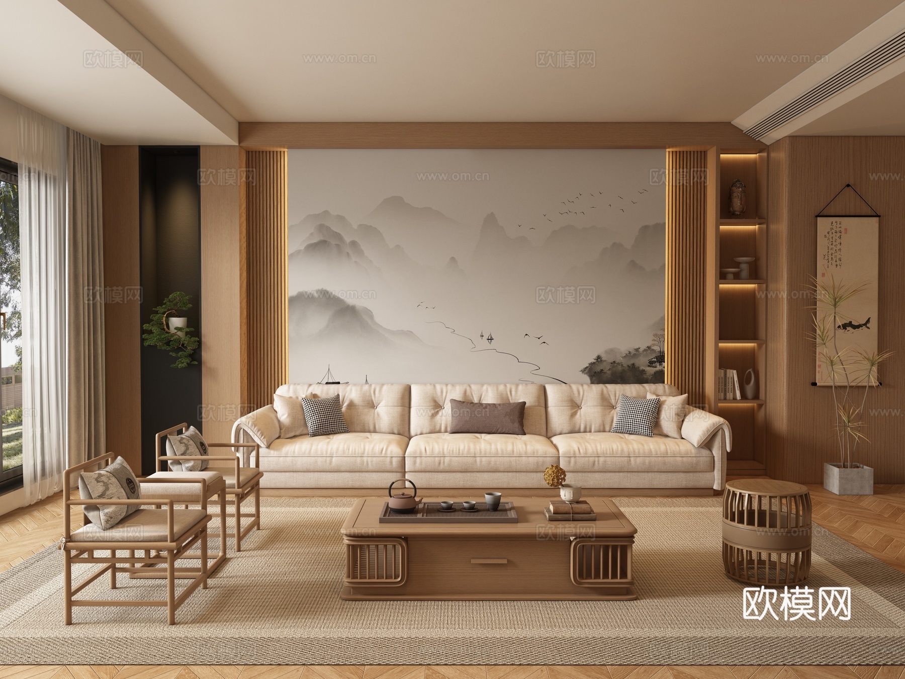 新中式客厅 沙发su模型