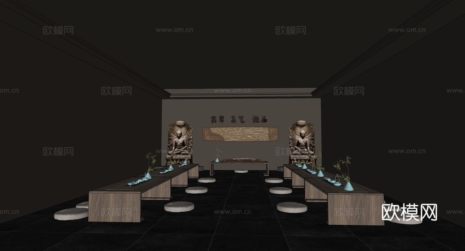 新中式茶室琴行空间su模型su模型