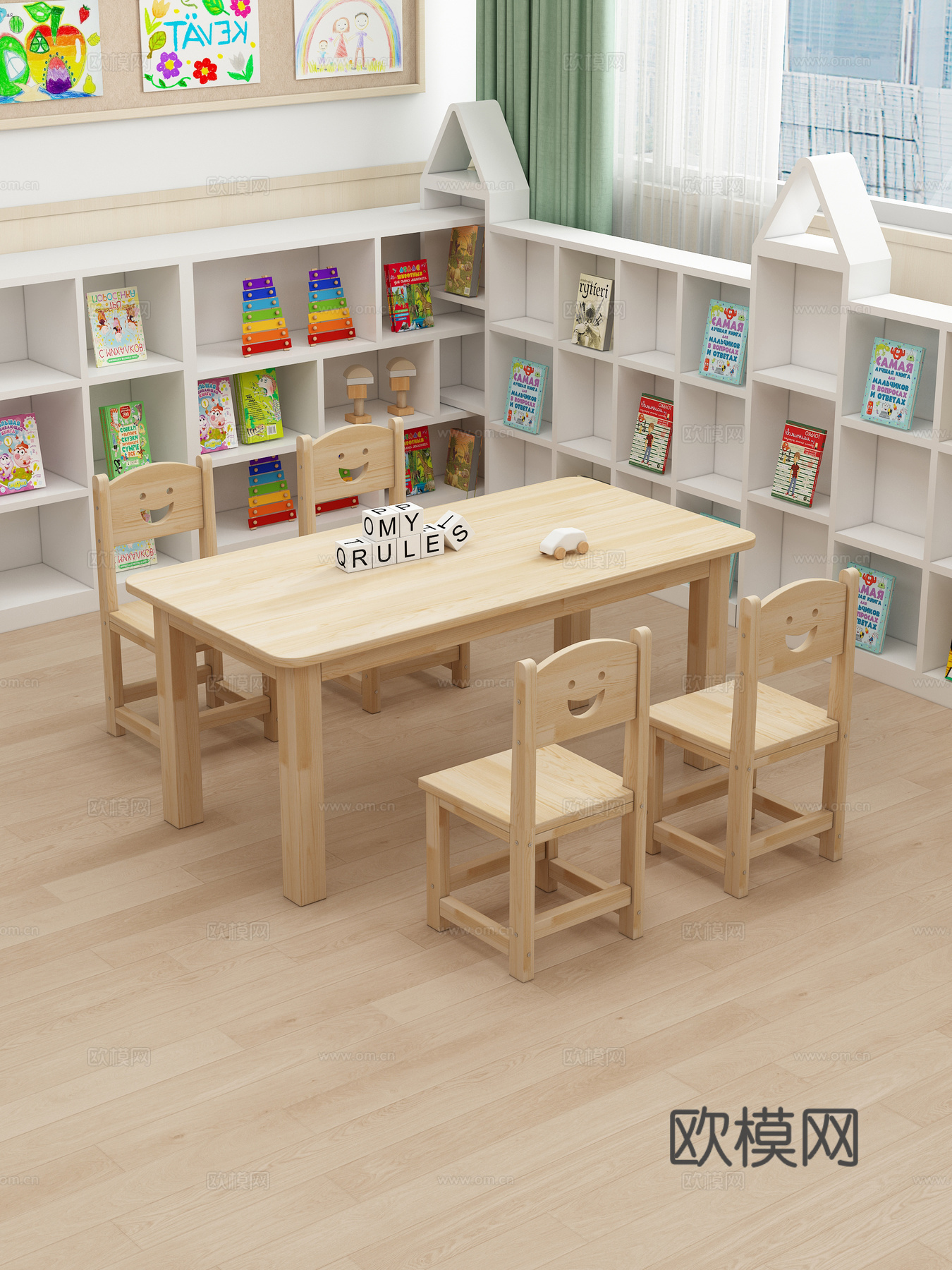 儿童实木桌椅 幼儿园  玩具桌 玩具 书籍3d模型