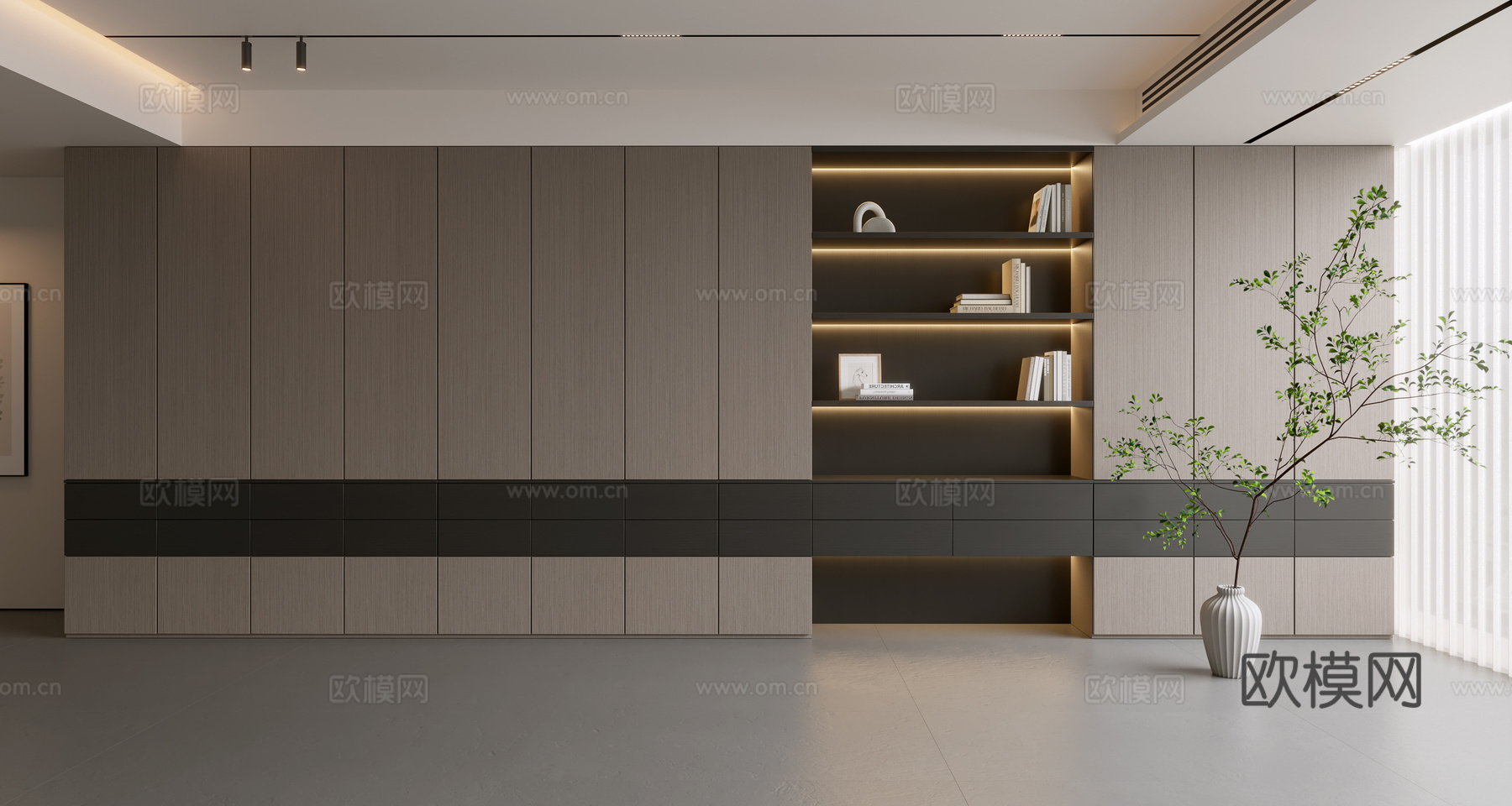 现代简约沙发背景墙 现代摆件 阳台柜 客厅柜 木饰面背景墙su模型