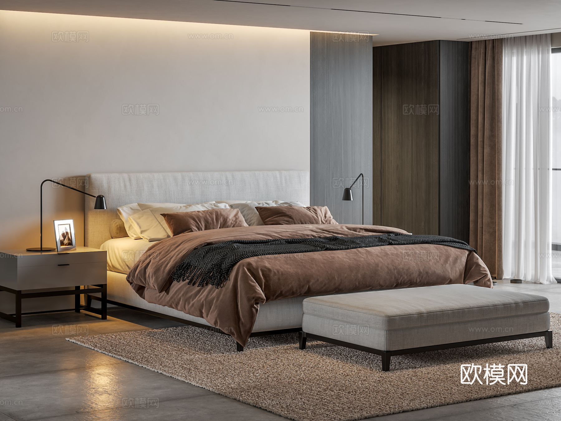 MINOTTI 现代双人床 床尾凳 床头柜su模型