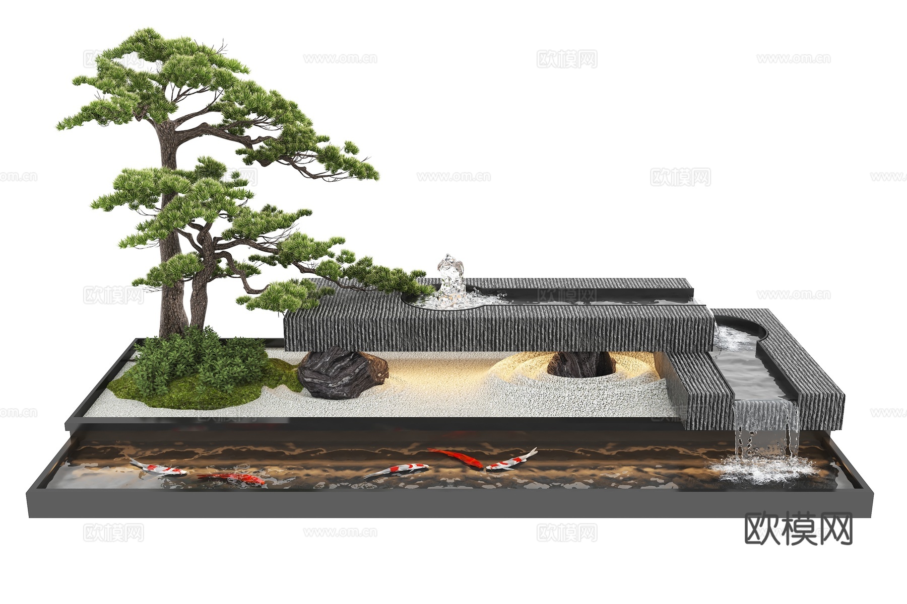 现代水景观 庭院水景 水钵流水 鱼池su模型