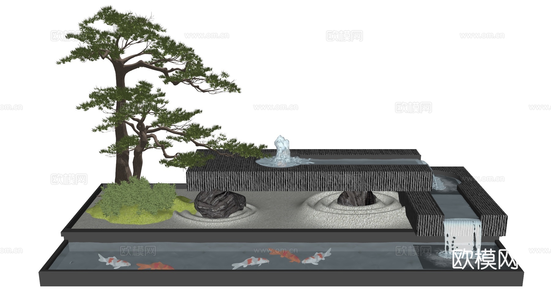 现代水景观 庭院水景 水钵流水 鱼池su模型