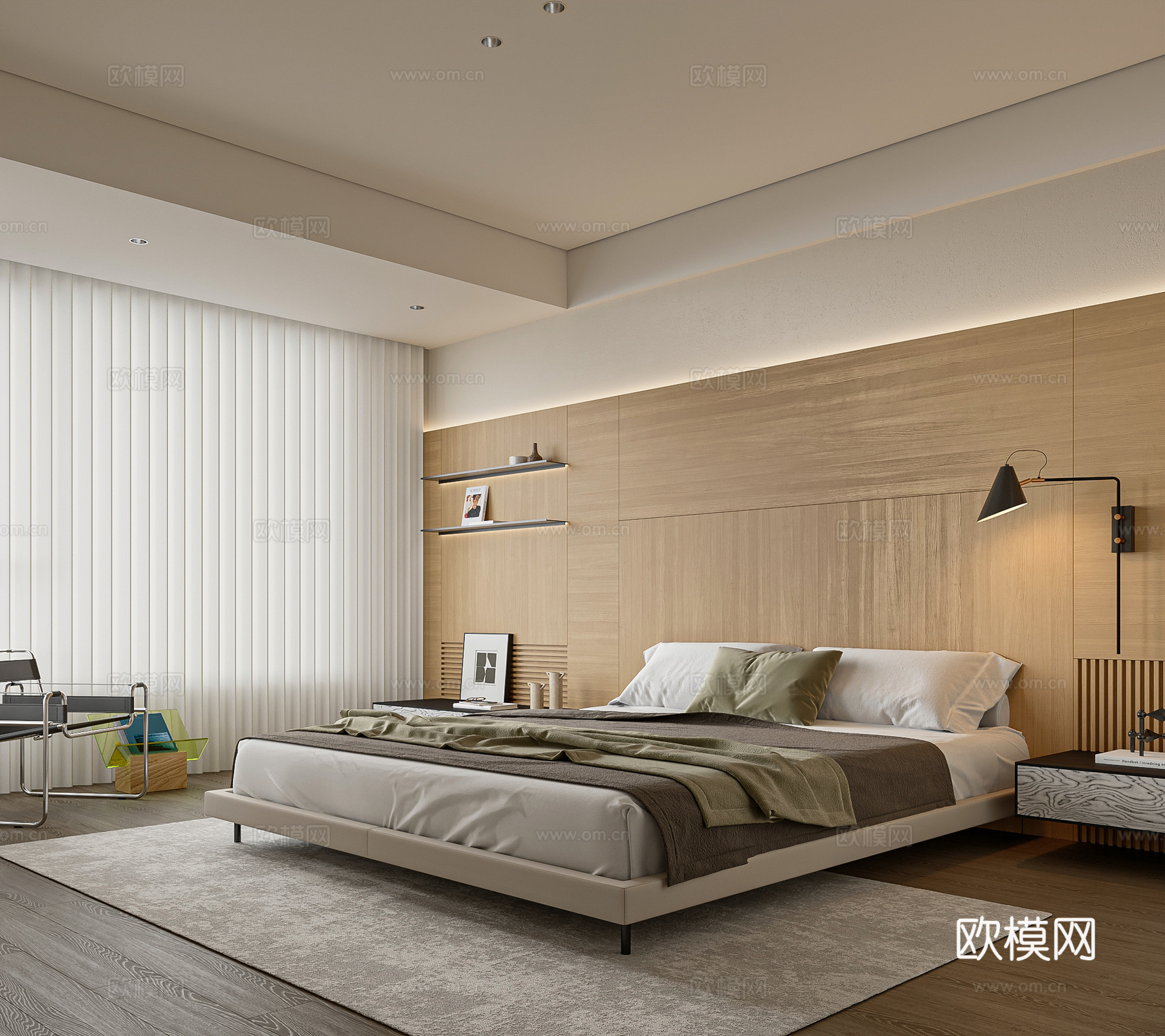 极简原木家居卧室 主卧 次卧 老人房 原木背景墙 金属休闲椅3d模型