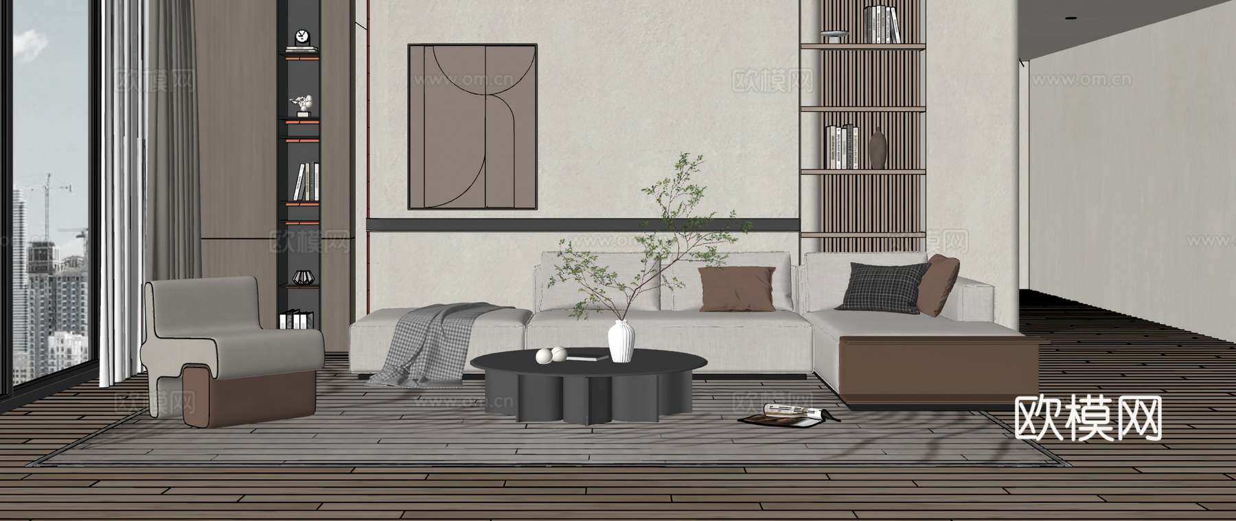 现代客厅 组合沙发 休闲椅 边几 角几 茶几 客餐厅 摆件su模型