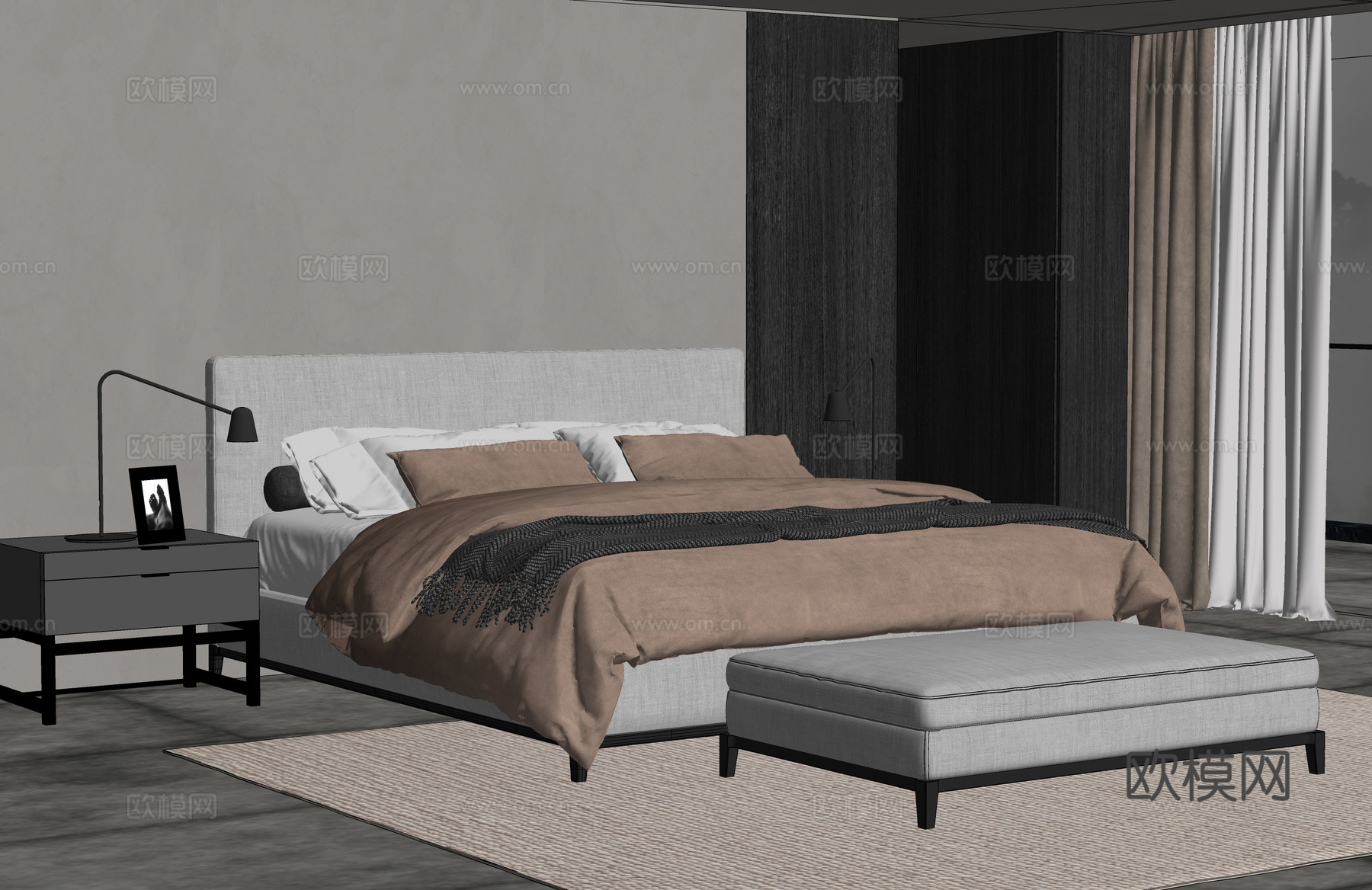 MINOTTI 现代双人床 床尾凳 床头柜su模型